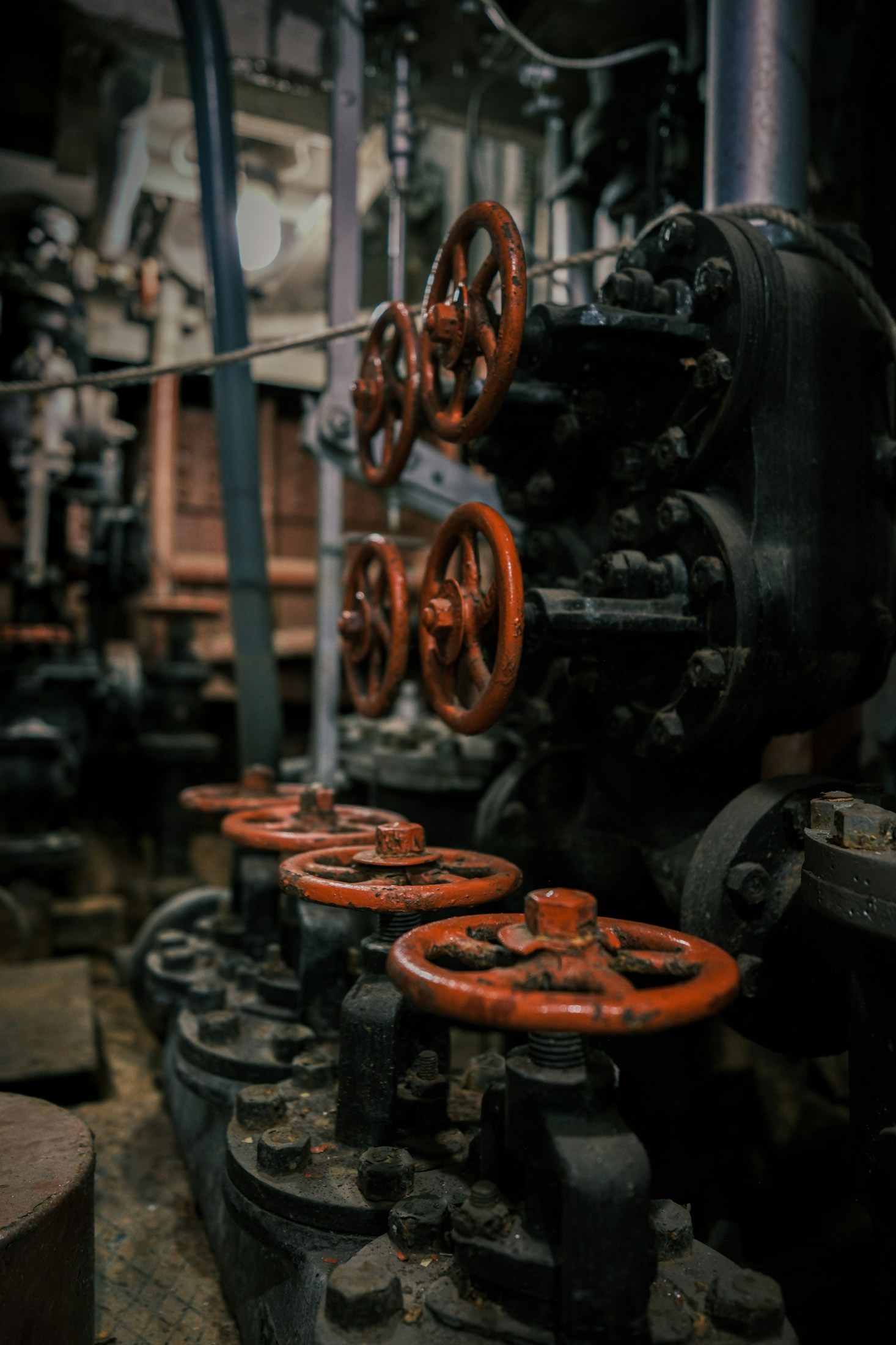 Row of industrial valves with red handwheels